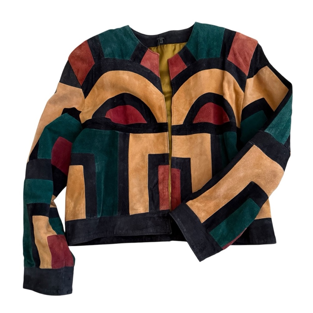 Vintage 1980s Valentino Vera Pelle Geometric Color Block Suede Open Jacket